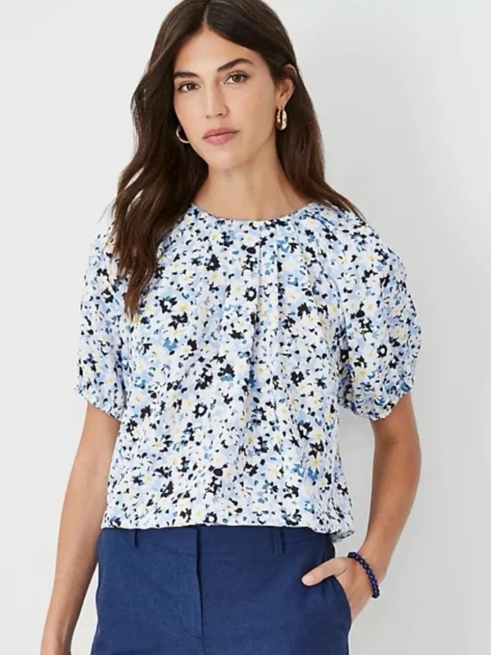 Ann Taylor Floral Pleat Neck Top - Size XS
